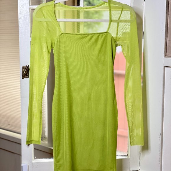 Slinky Lime Neon Green Mesh Long Sleeve Mini Dress - Picture 1 of 7